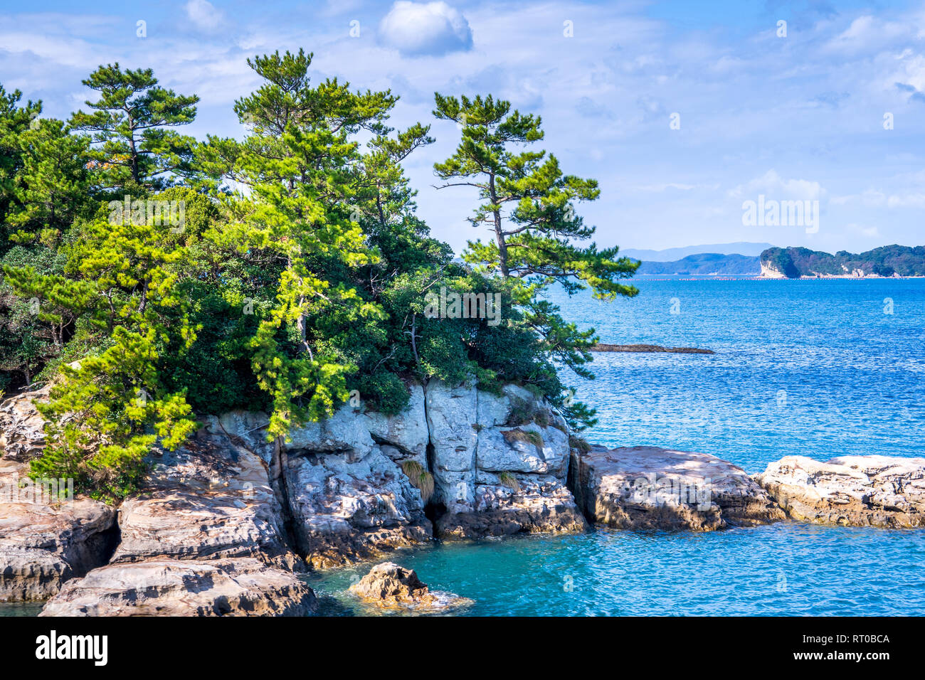 Many small islands over the blue ocean in sunny day, famous Kujukushima