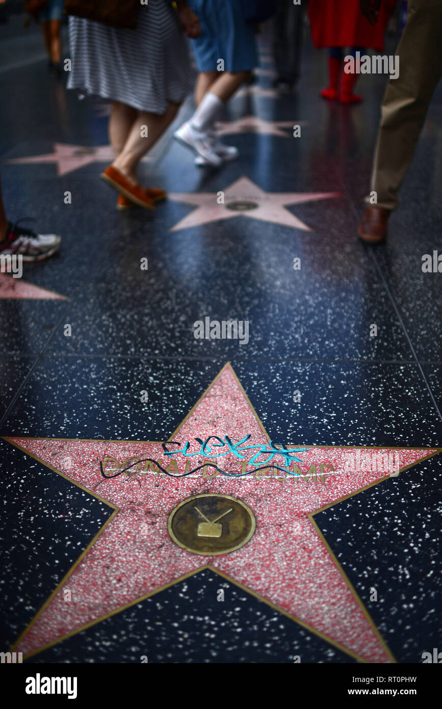 Ruined Donald Trump star at Hollywood Walk of Fame, Los Angeles. Stock Photo
