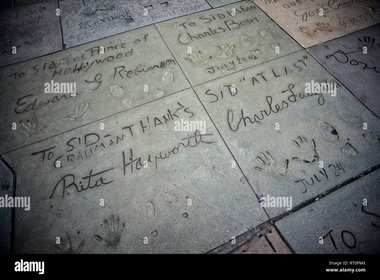 Handprints and footprints at Grauman's Chinese Theatre, Hollywood Boulevard. Stock Photo