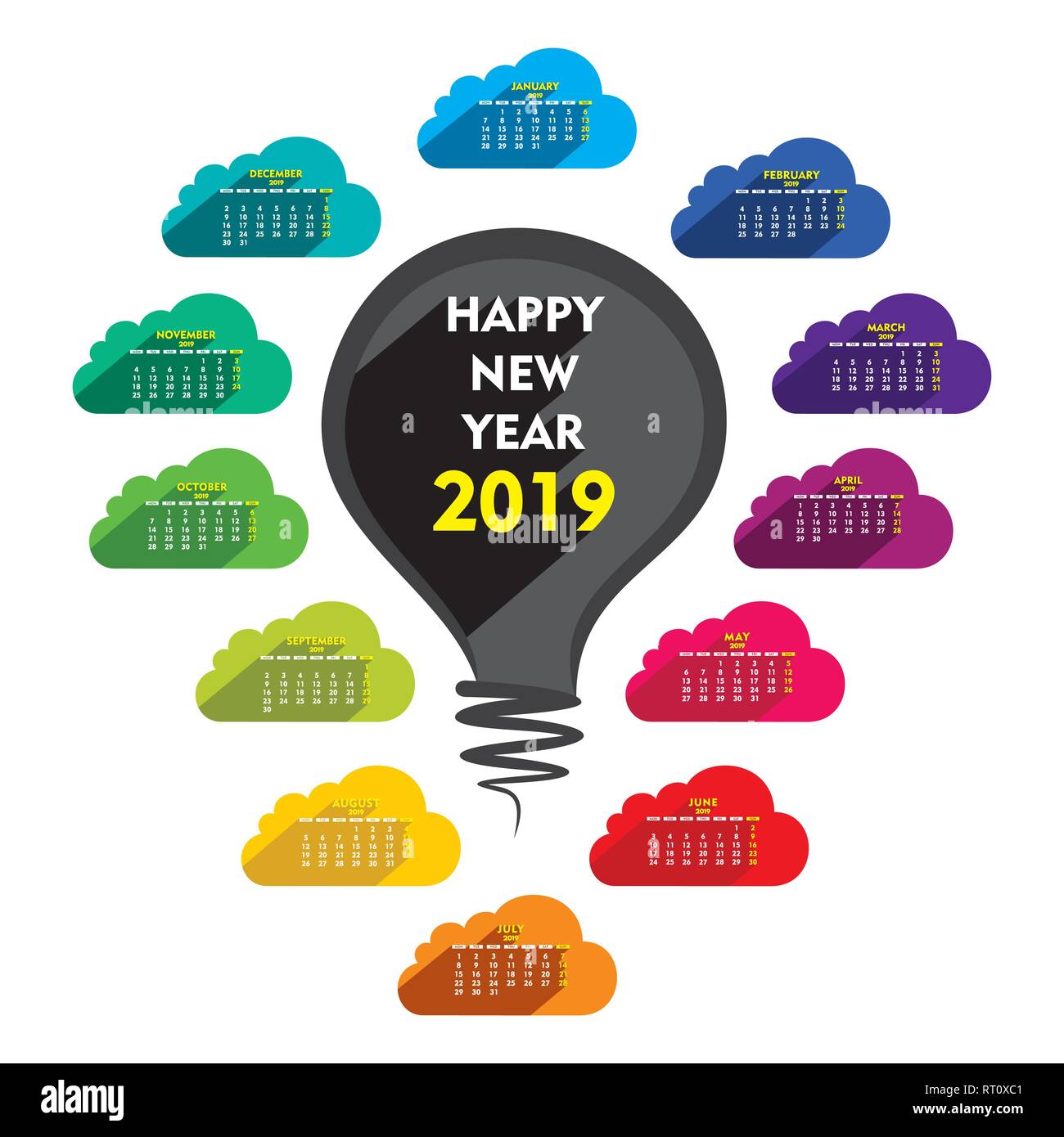 colorful new year calender 2019 design, using clouds with idea concept