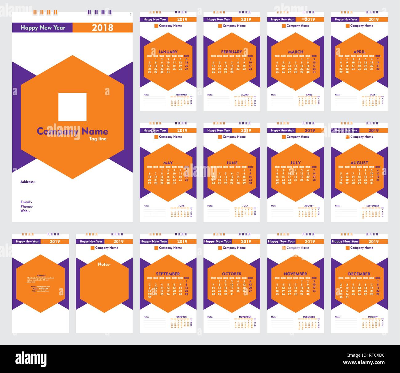 colorful hexagonal shape new year calender 2019 design Stock Vector