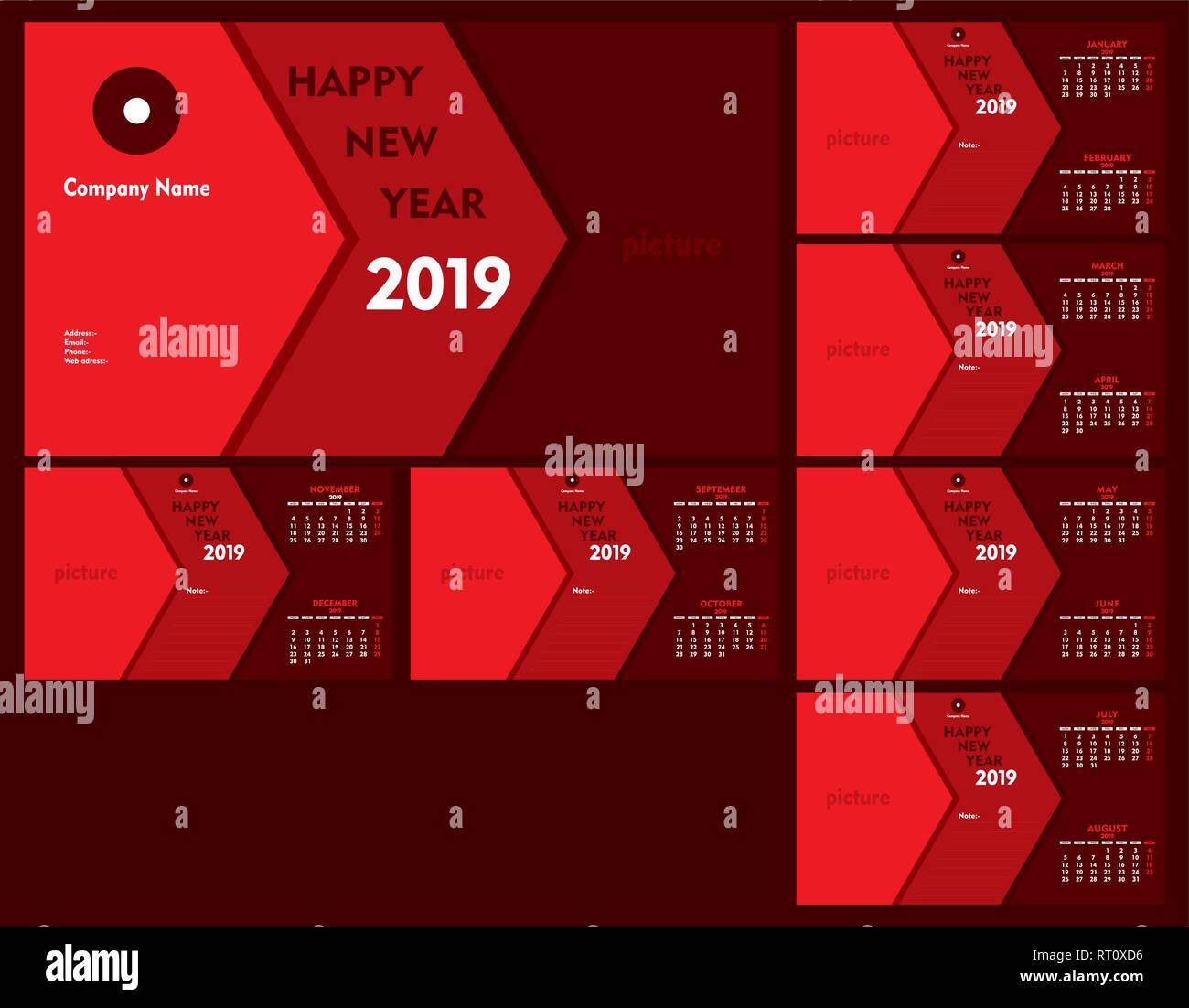 colorful red arrow style new year calender 2019 design Stock Vector