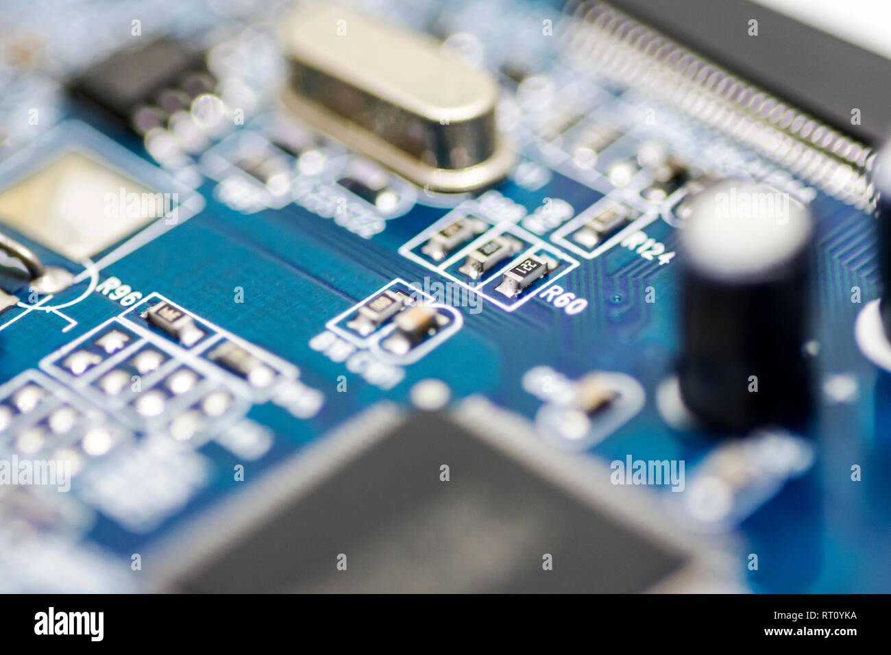 microchips and circuits on a board Stock Photo