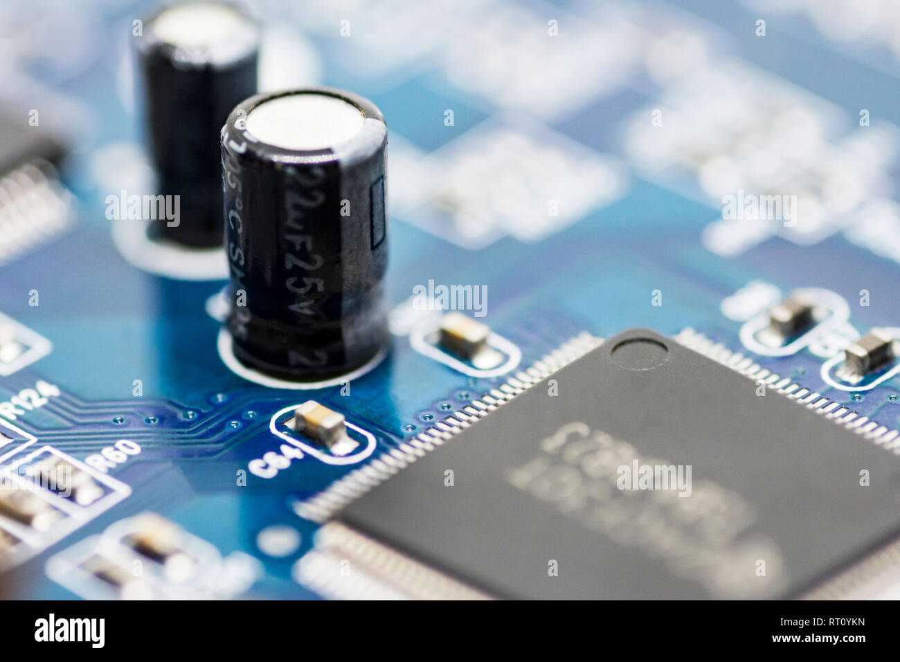 microchips and circuits on a board Stock Photo