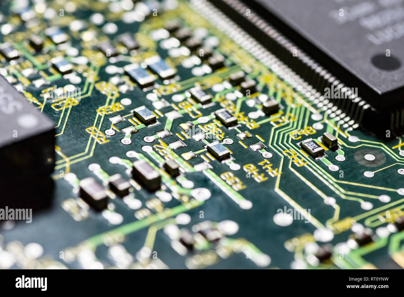 microchips and circuits on a board Stock Photo