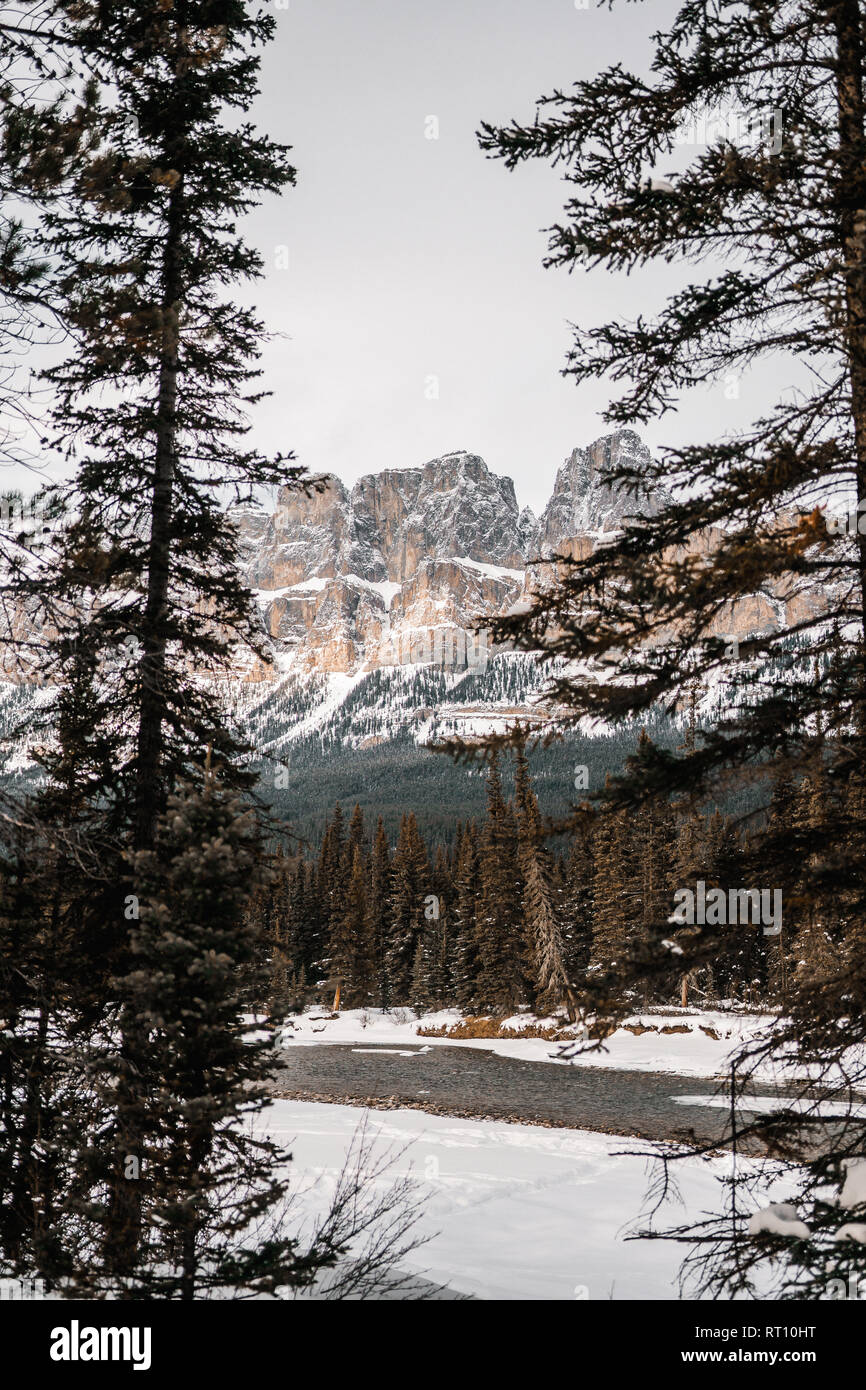Scenic Bow river and Castle Mountain in winter, Banff National Park Alberta Canada Stock Photo