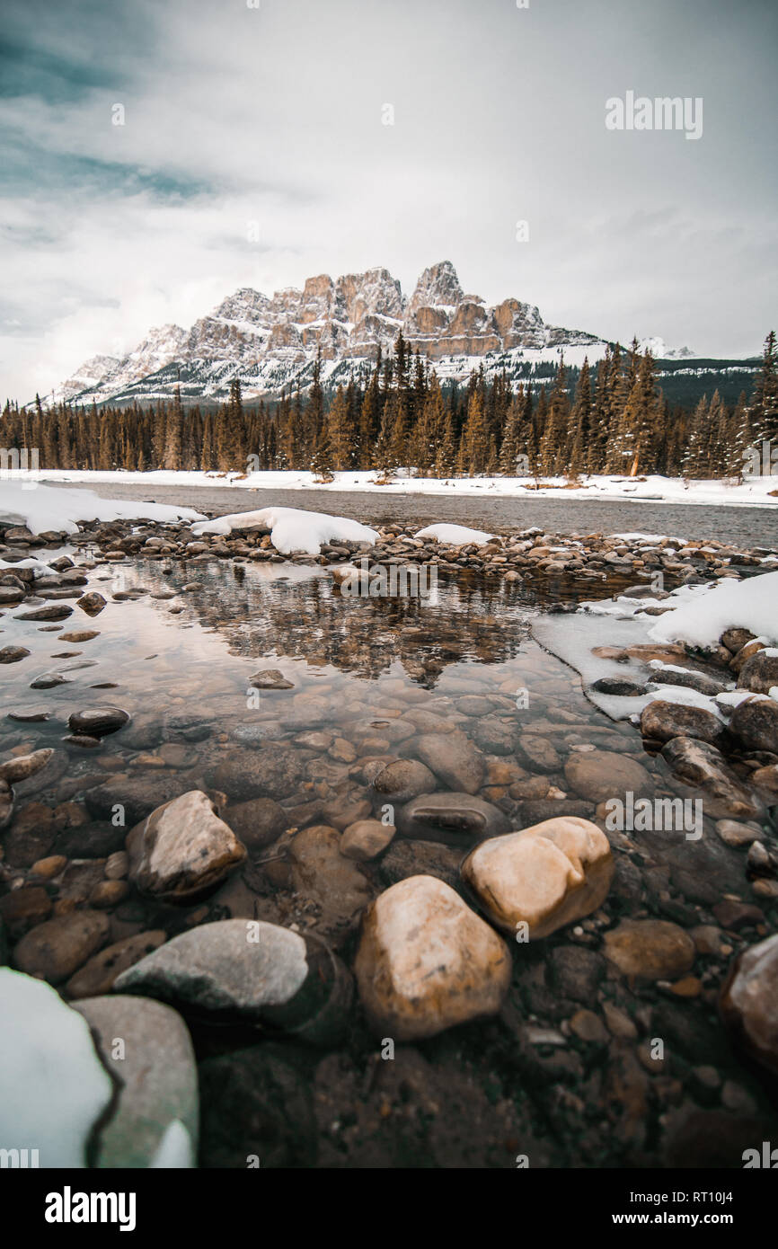 Scenic Bow river and Castle Mountain in winter, Banff National Park Alberta Canada Stock Photo