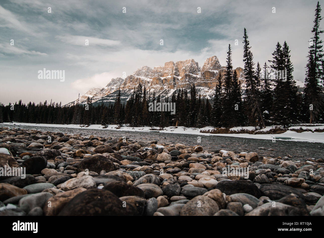 Scenic Bow river and Castle Mountain in winter, Banff National Park Alberta Canada Stock Photo