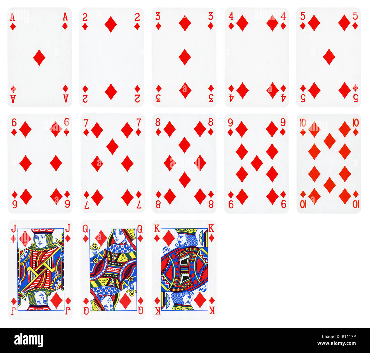 Playing cards of Diamond suit, isolated on white background - High quality. Stock Photo