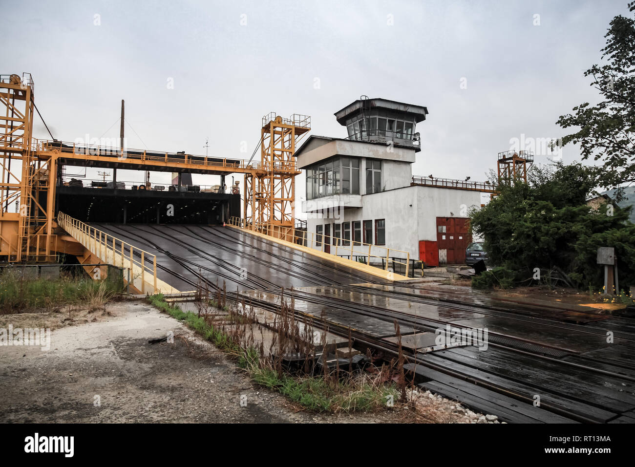 Railway ramp for industrial RoRo cargo ships loading. Varna rail ferry