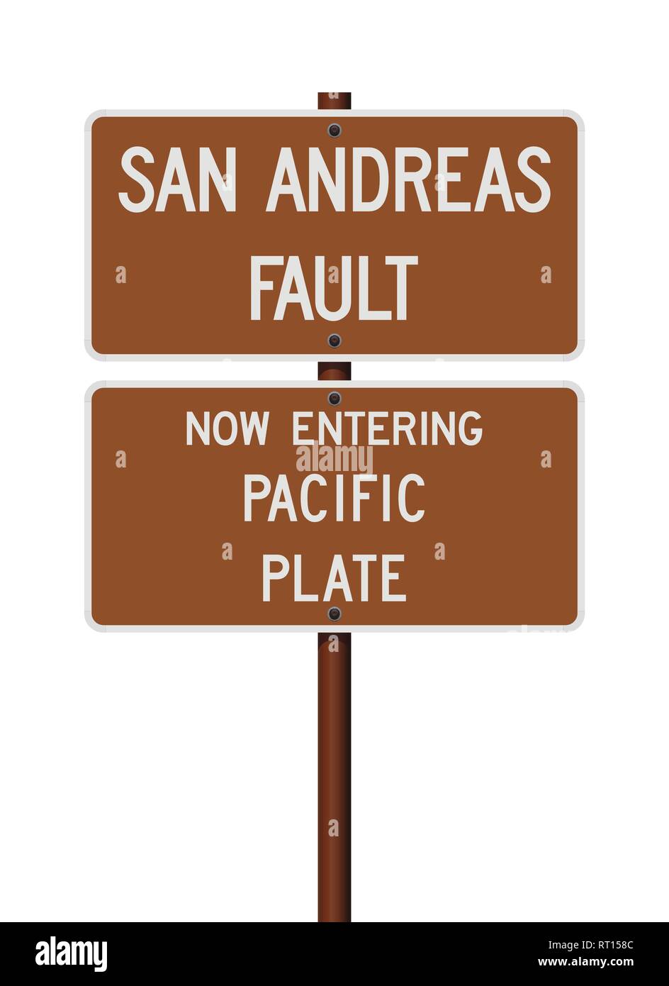 Vector illustration of the San Andreas Fault and Now Entering Pacific Plate brown road signs Stock Vector