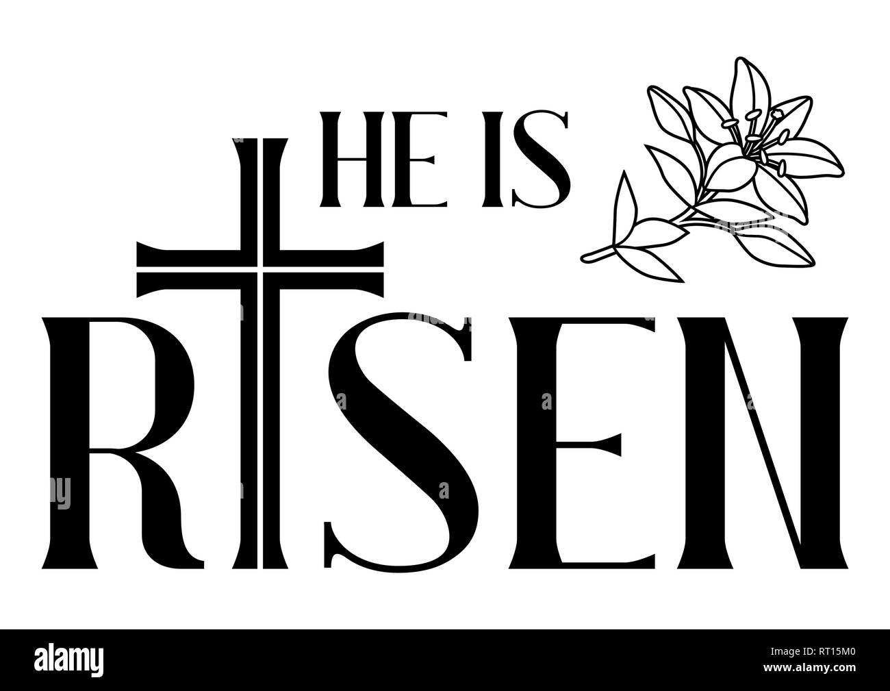 He is risen. Happy Easter greeting card. Cross and lilies. Stock Vector