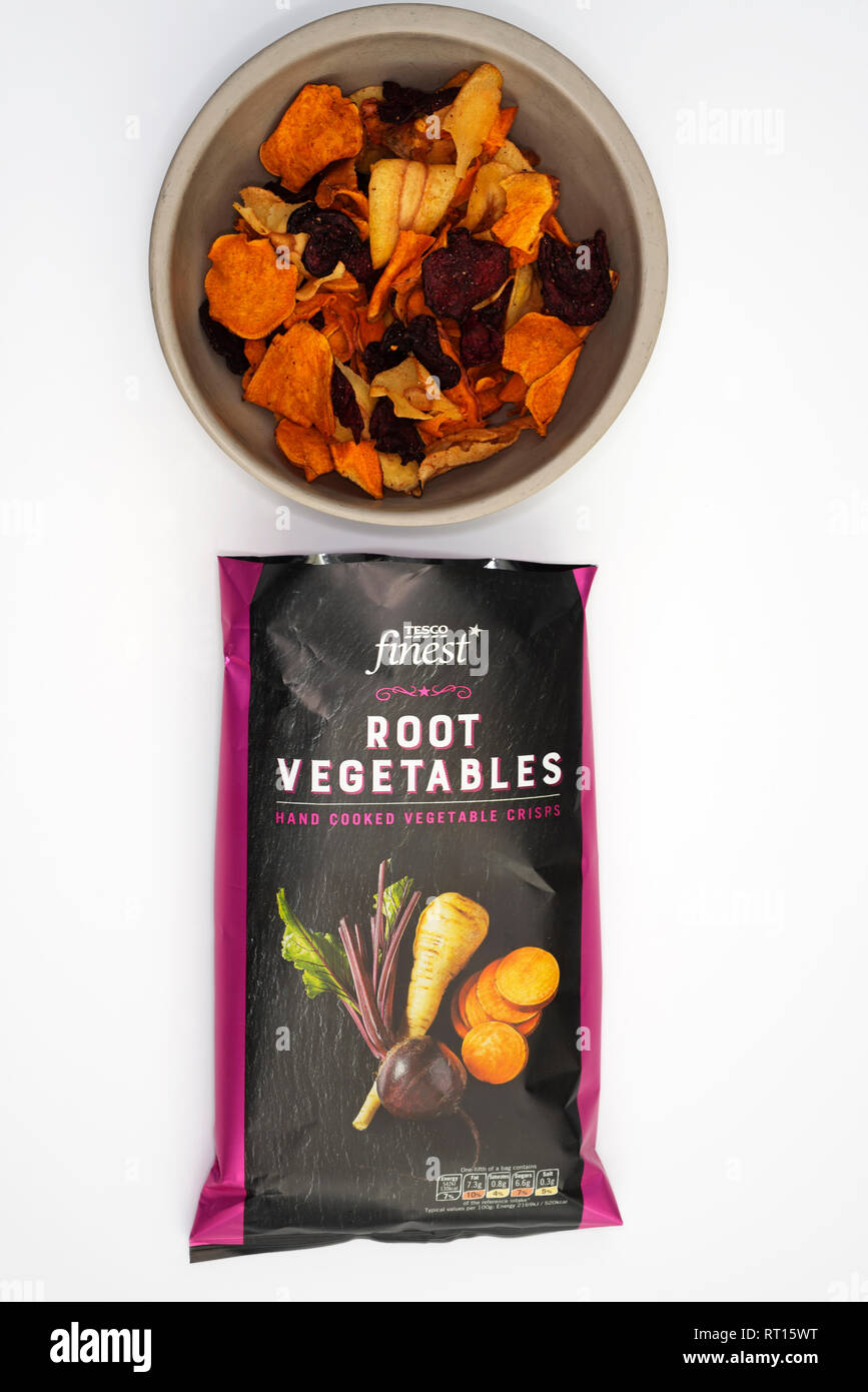 Tesco finest root vegetable crisps Stock Photo
