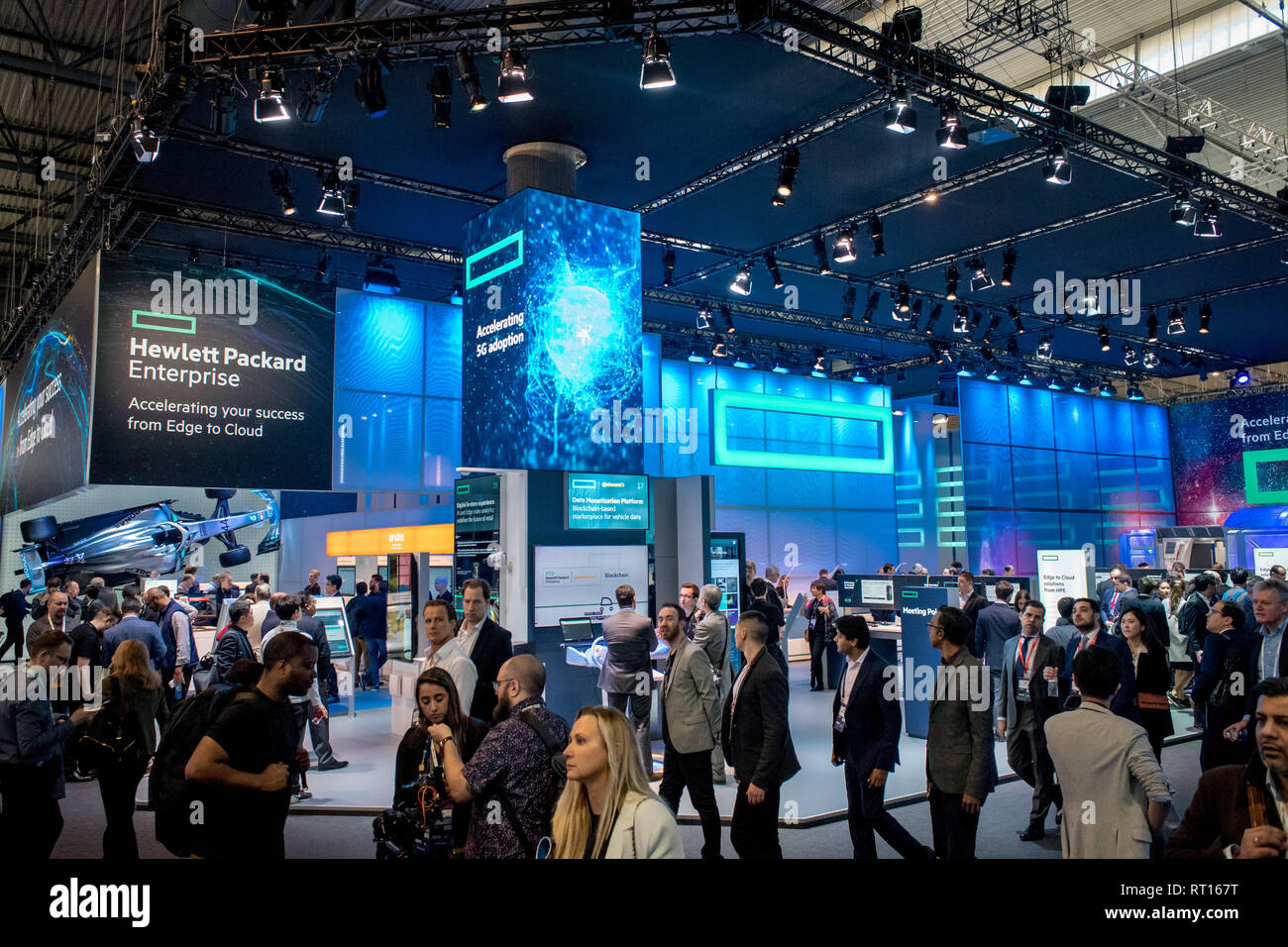 Barcelona, Spain. 26th Feb 2019. February 26, 2019 - Barcelona, Catalonia, Spain -  Hewlett packard pavilion during the  GSMA Mobile World Congress 2019 in Barcelona, the world's most important event on mobile devices communications bringing together the leading companies and the latest developments in the sector. Credit:  Jordi Boixareu/Alamy Live News Stock Photo