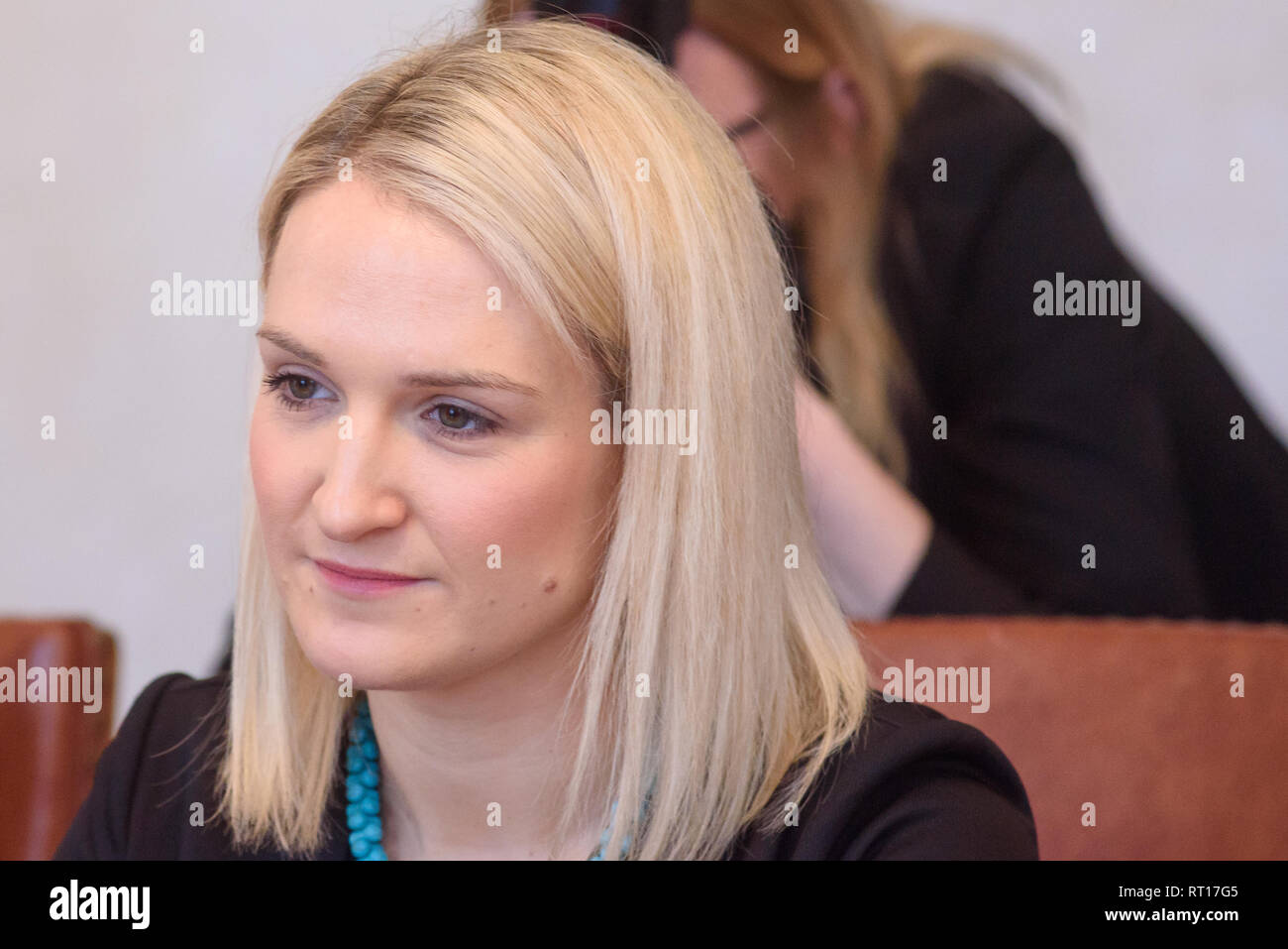 Riga, Latvia. 27th Feb, 2019. Edgars Rinkevics, Minister of Foreign Affairs of Latvia meeting with Helen McEntee Minister for European Affairs, Fine Gael, Ireland. Credit: Gints Ivuskans/Alamy Live News Stock Photo