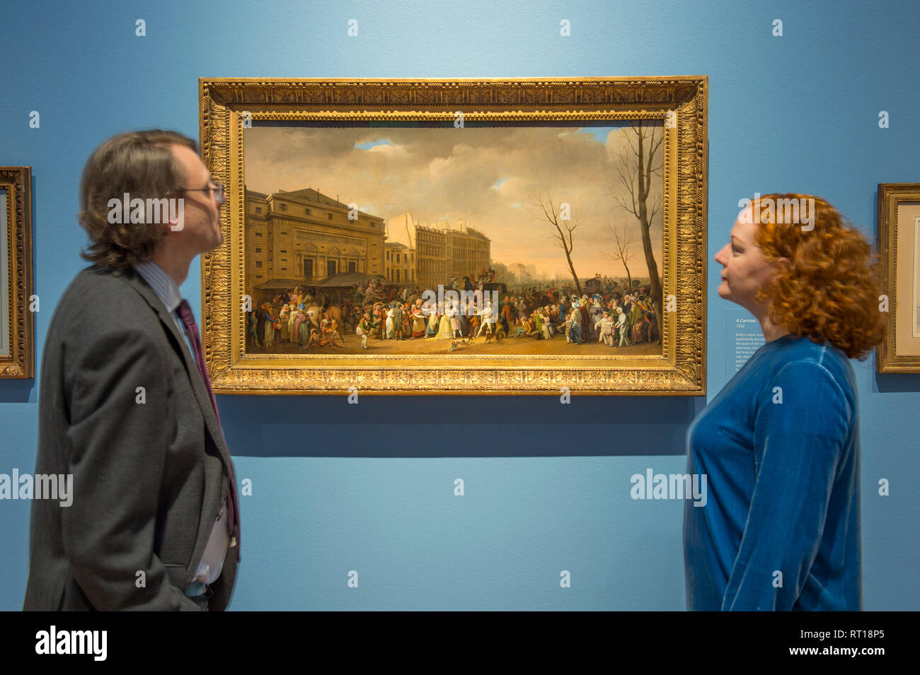 National Gallery, London, UK. 27th Feb, 2019. Paintings by Louis-Léopold Boilly show life in politically turbulent Paris during the French Revolution, the Napoleonic era and subsequent Restoration of the Monarchy. Image: A Carnival Scene, 1832. The Ramsbury Manor Foundation. Credit: Malcolm Park/Alamy Live News Stock Photo