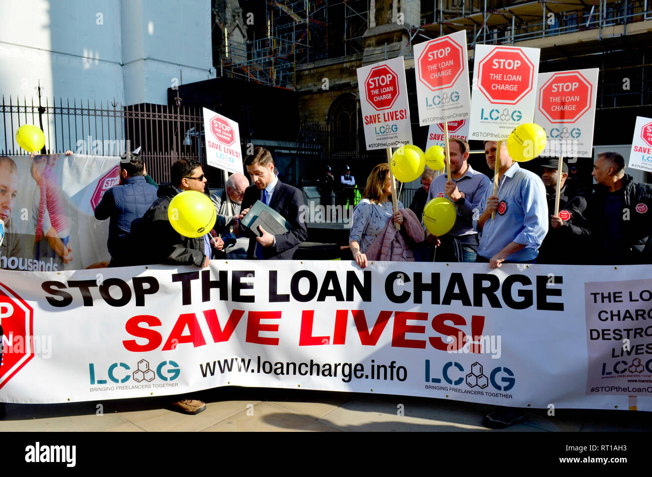 London, 27th Feb. The Loan Charge Action Group - formed to raise awareness of the retrospective tax charge introduced by HM Government in the 2017 Budget demonstrates outside Parliament Credit: PjrNews Stock Photo