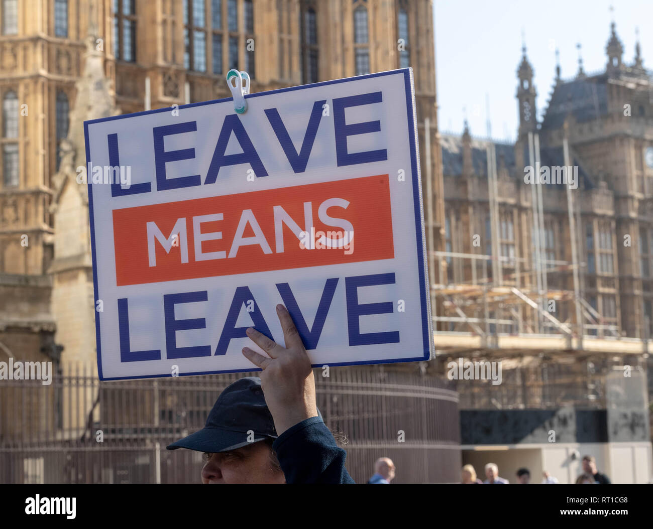 London 27th February 2019 Pro and anti Brexit protesters took part in a number of rallies and short marches at various locations in Westminster  Leave means leave banner at the pro Brexit protest Credit Ian Davidson/Alamy Live News Stock Photo