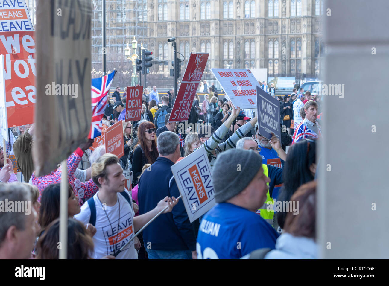 London 27th February 2019 Pro and anti Brexit protesters took part in a number of rallies and short marches at various locations in Westminster Pro Brexit protesters ousdie Portcullis House, that contain MP's offices Credit Ian Davidson/Alamy Live News Stock Photo