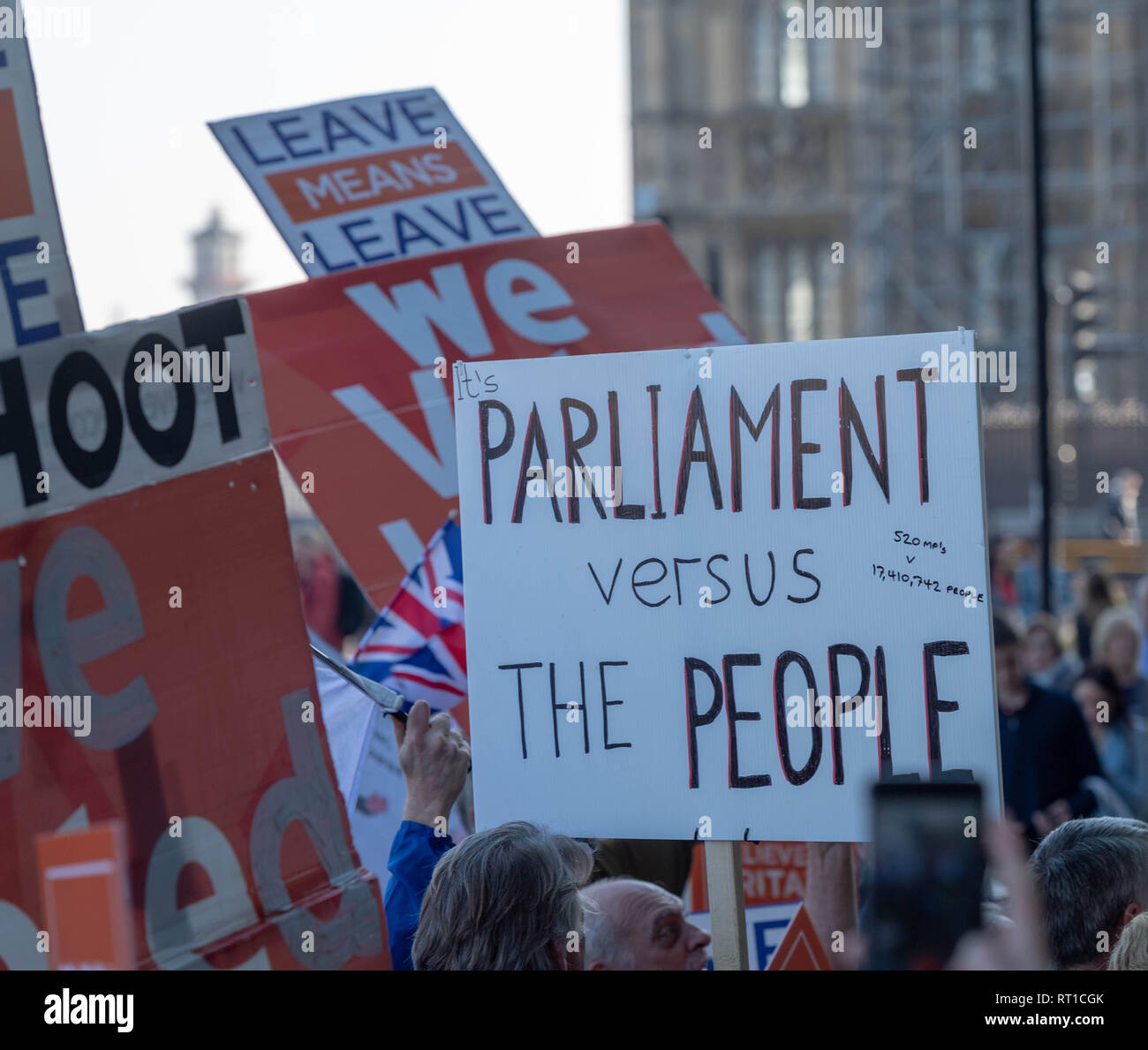 London 27th February 2019 Pro and anti Brexit protesters took part in a number of rallies and short marches at various locations in Westminster A parliament vs the people banner of the pro brexit protest group outside portcullis house lonon Credit Ian Davidson/Alamy Live News Stock Photo