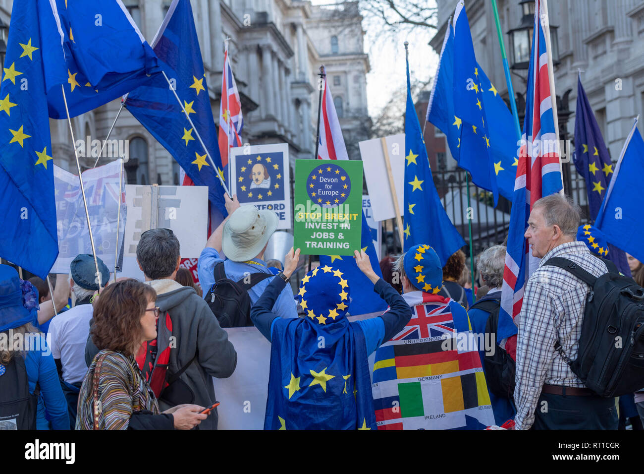 London 27th February 2019 Pro and anti Brexit protesters took part in a number of rallies and short marches at various locations in Westminster anti brexit protesters laid siege to Downing Street, Credit Ian Davidson/Alamy Live News Stock Photo
