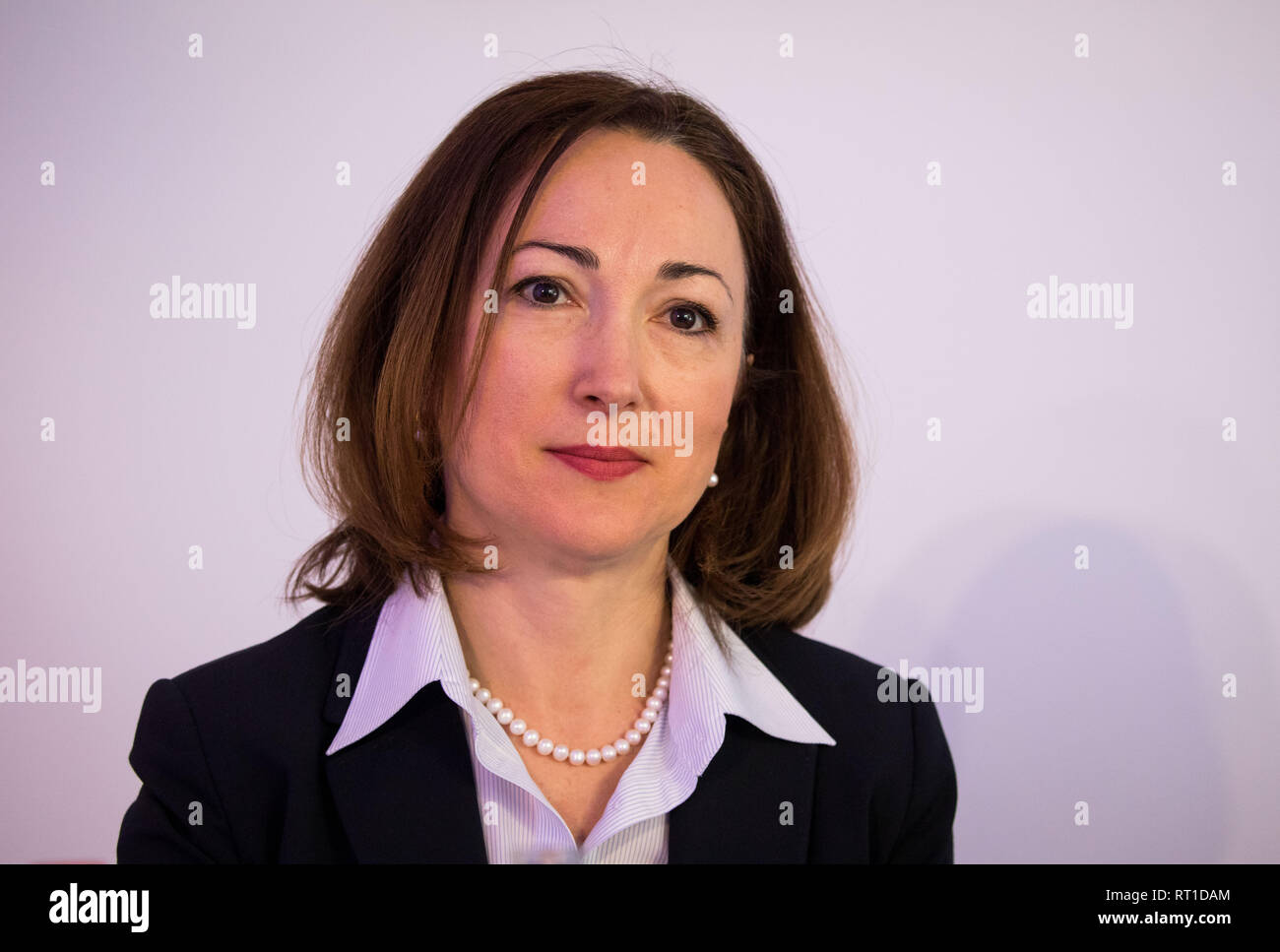 Hamburg, Germany. 27th Feb, 2019. Dessi Temperley, CFO of Beiersdorf AG, sits on the podium in front of Beiersdorf AG's balance sheet press conference. The Nivea and Tesa manufacturer Beiersdorf presented its balance sheet and strategy on Wednesday. Credit: Christian Charisius/dpa/Alamy Live News Stock Photo