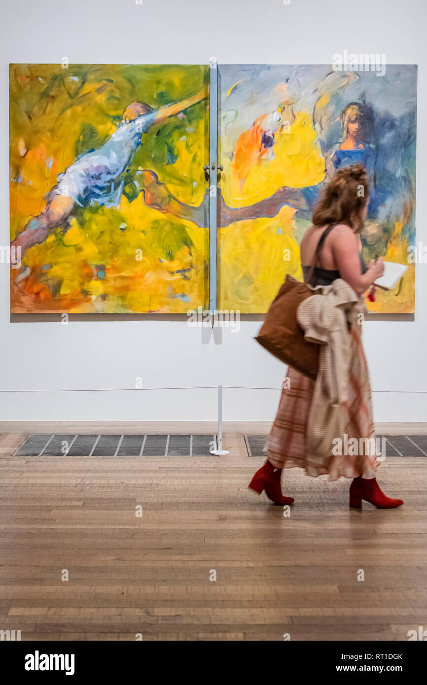 London, UK. 27th Feb, 2019. Door 84, 1984 - The first day of the new Tate Modern exhibition of the work of Dorothea Tanning. The first large-scale exhibition of the artist’s work for 25 years and the first ever to span her seven-decade career. Bringing together some 100 works from across the globe, a third of which have never been shown in the UK; the exhibition explores how she expanded the language of surrealism. From her early enigmatic paintings, to her ballet designs, uncanny stuffed textile sculptures, installations and large-scale late works. Credit: Guy Bell/Alamy Live News Stock Photo