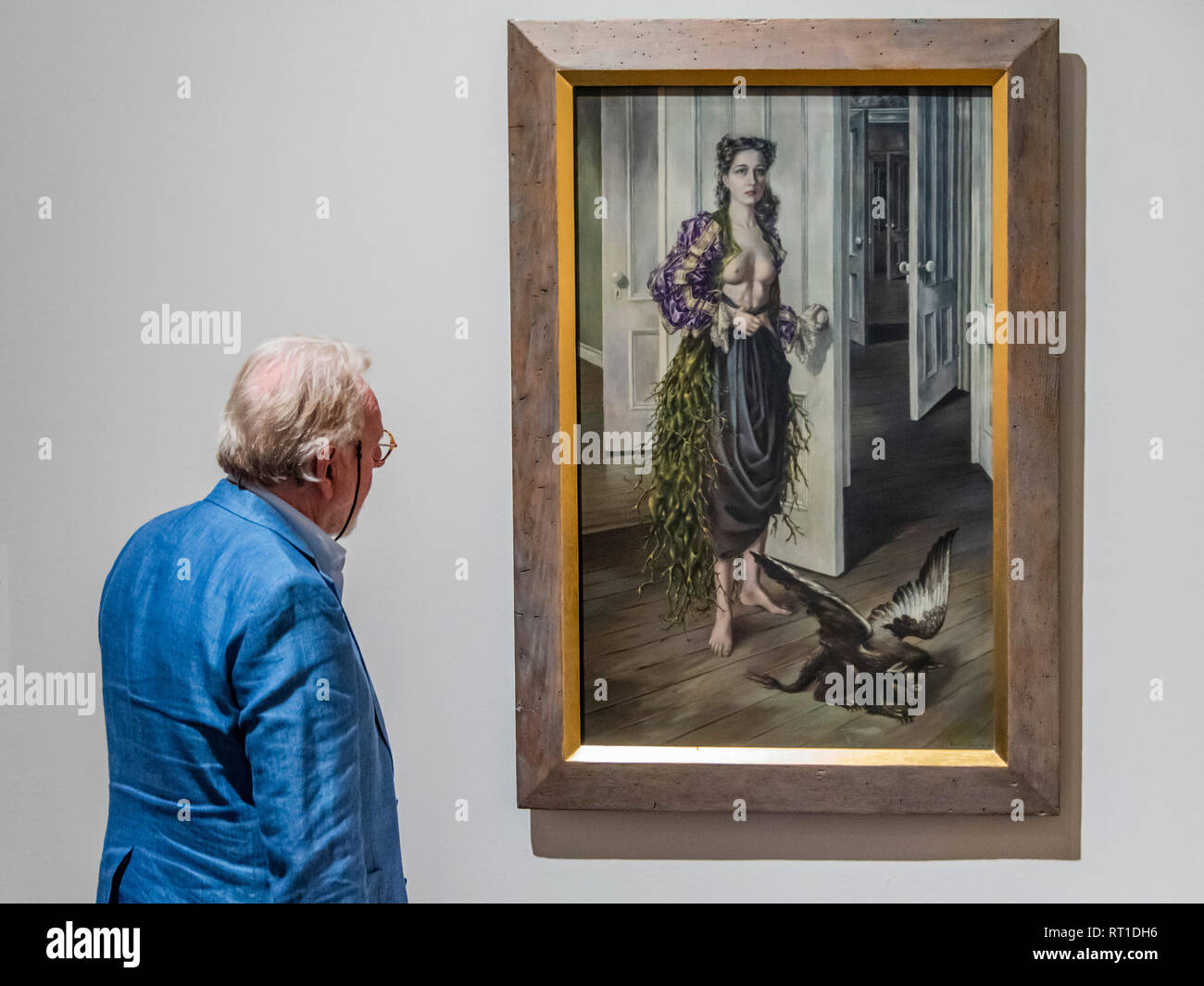 London, UK. 27th Feb, 2019. Birthday, 1942 - The first day of the new Tate Modern exhibition of the work of Dorothea Tanning. The first large-scale exhibition of the artist’s work for 25 years and the first ever to span her seven-decade career. Bringing together some 100 works from across the globe, a third of which have never been shown in the UK; the exhibition explores how she expanded the language of surrealism. From her early enigmatic paintings, to her ballet designs, uncanny stuffed textile sculptures, installations and large-scale late works. Credit: Guy Bell/Alamy Live News Stock Photo