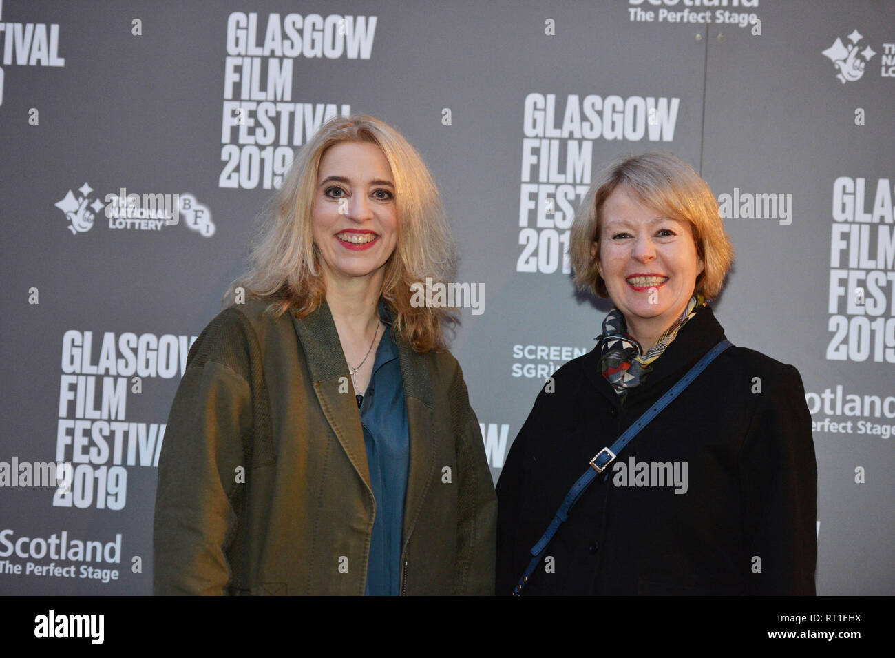 Glasgow, UK. 27 February 2019. Film Director - Carol Morley (left) and Film Producer - Cairo Cannon (right) at the Scottish Premier of, Out Of Blue, outside of the Glasgow Film Theatre. Credit: Colin Fisher/Alamy Live News Stock Photo
