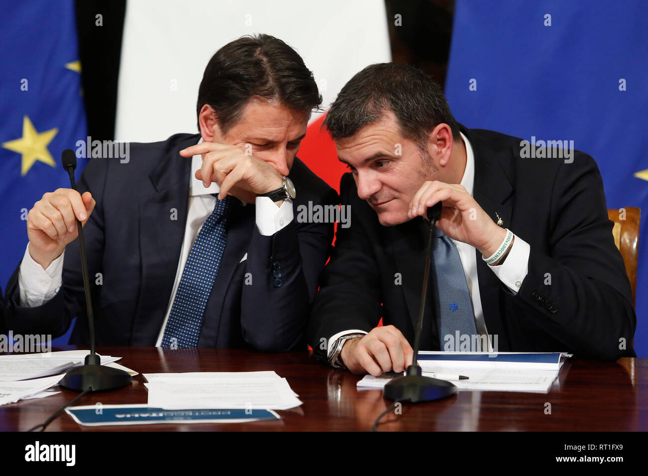 Rome, Italy. 27th Feb, 2019. Giuseppe Conte and Gian Marco Centinaio  Rome February 27th 2019. Press conference, plans to mitigate the iItalian geological instability. Foto Samantha Zucchi Insidefoto Credit: insidefoto srl/Alamy Live News Stock Photo
