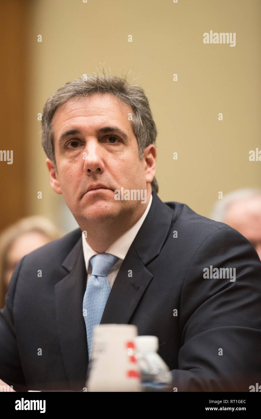 Washington DC, USA. February 27, 2019.: Michael Cohen, President Donald J Trump's former personal lawyer, testifies at the House Oversight Committee at the US Capitol in Washington, DC. Cohen discussed  Trump's business practices and his dealings with the Trump Presidential campaign, including payoffs to women that Trump allegedly was involved with.  Patsy Lynch/Alamy Credit: Patsy Lynch/Alamy Live News Stock Photo