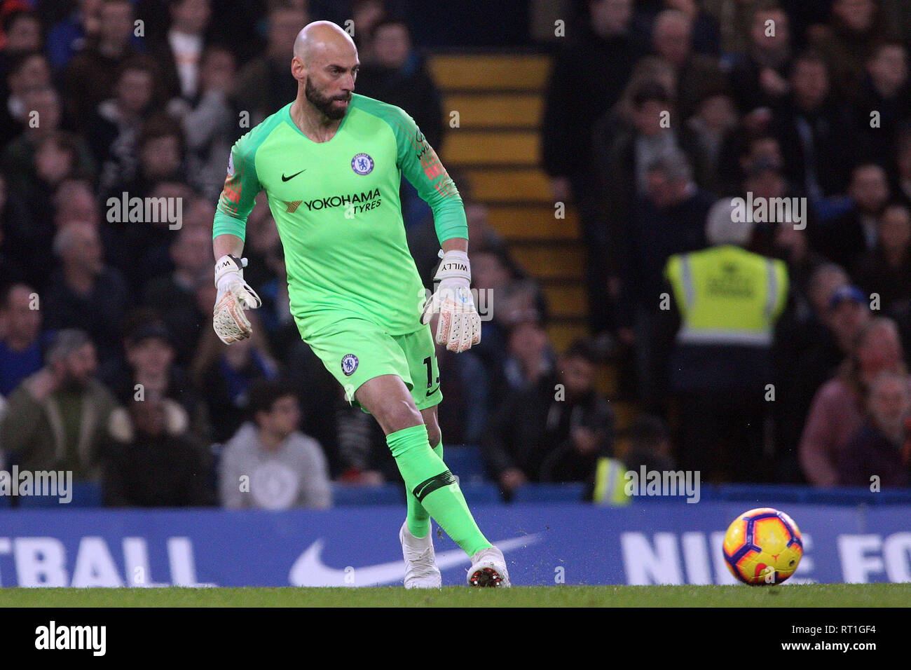 London, UK. 27th Feb, 2019. Willy Caballero, goalkeeper of Chelsea in action . Premier League match, Chelsea v Tottenham Hotspur at Stamford Bridge in London on Wednesday 27th February 2019. this image may only be used for Editorial purposes. Editorial use only, license required for commercial use. No use in betting, games or a single club/league/player publications. pic by Steffan Bowen/ Credit: Andrew Orchard sports photography/Alamy Live News Stock Photo