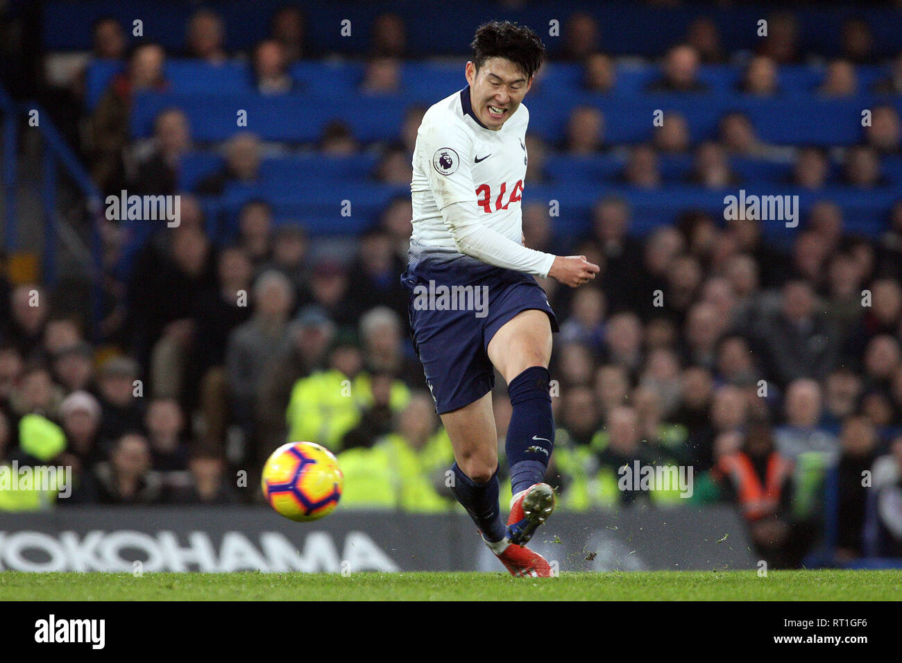 London, UK. 27th Feb, 2019. Son Heung-min of Tottenham Hotspur in action. Premier League match, Chelsea v Tottenham Hotspur at Stamford Bridge in London on Wednesday 27th February 2019. this image may only be used for Editorial purposes. Editorial use only, license required for commercial use. No use in betting, games or a single club/league/player publications. pic by Steffan Bowen/ Credit: Andrew Orchard sports photography/Alamy Live News Stock Photo