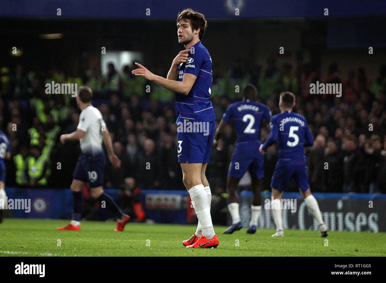 London, UK. 27th Feb, 2019. Marcus Alonso of Chelsea looks on. Premier League match, Chelsea v Tottenham Hotspur at Stamford Bridge in London on Wednesday 27th February 2019. this image may only be used for Editorial purposes. Editorial use only, license required for commercial use. No use in betting, games or a single club/league/player publications. pic by Steffan Bowen/ Credit: Andrew Orchard sports photography/Alamy Live News Stock Photo