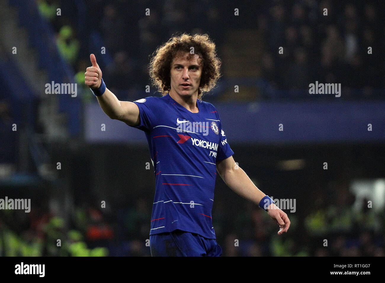London, UK. 27th Feb, 2019. David Luiz of Chelsea gives the 'thumbs up'. Premier League match, Chelsea v Tottenham Hotspur at Stamford Bridge in London on Wednesday 27th February 2019. this image may only be used for Editorial purposes. Editorial use only, license required for commercial use. No use in betting, games or a single club/league/player publications. pic by Steffan Bowen/ Credit: Andrew Orchard sports photography/Alamy Live News Stock Photo