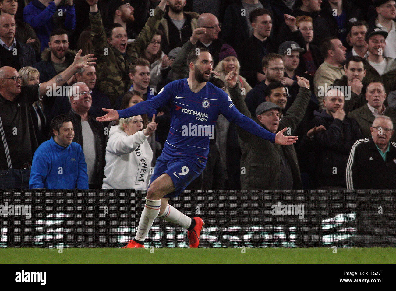London, UK. 27th Feb, 2019. Gonzalo Higuain of Chelsea reacts after his goal is ruled out for offside. Premier League match, Chelsea v Tottenham Hotspur at Stamford Bridge in London on Wednesday 27th February 2019. this image may only be used for Editorial purposes. Editorial use only, license required for commercial use. No use in betting, games or a single club/league/player publications. pic by Steffan Bowen/ Credit: Andrew Orchard sports photography/Alamy Live News Stock Photo