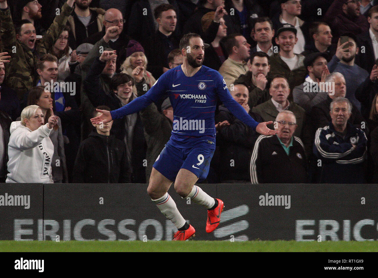 London, UK. 27th Feb, 2019. Gonzalo Higuain of Chelsea reacts after his goal is ruled out for offside. Premier League match, Chelsea v Tottenham Hotspur at Stamford Bridge in London on Wednesday 27th February 2019. this image may only be used for Editorial purposes. Editorial use only, license required for commercial use. No use in betting, games or a single club/league/player publications. pic by Steffan Bowen/ Credit: Andrew Orchard sports photography/Alamy Live News Stock Photo