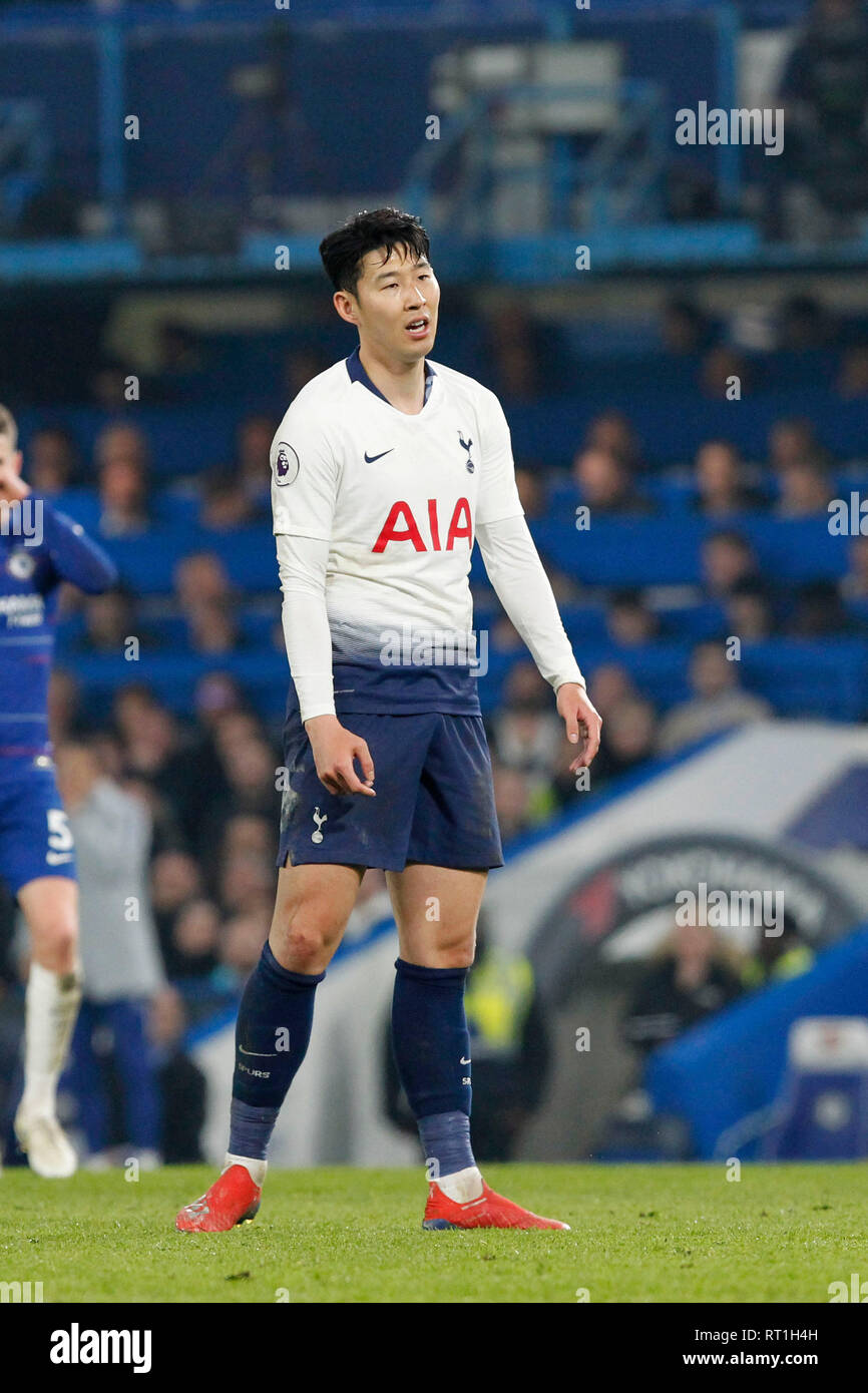 London, UK. 27th Feb, 2019. Son Heung-Min of Tottenham Hotspur during the  Premier League match between Chelsea and Tottenham Hotspur at Stamford  Bridge, London, England on 27 February 2019. Photo by Carlton