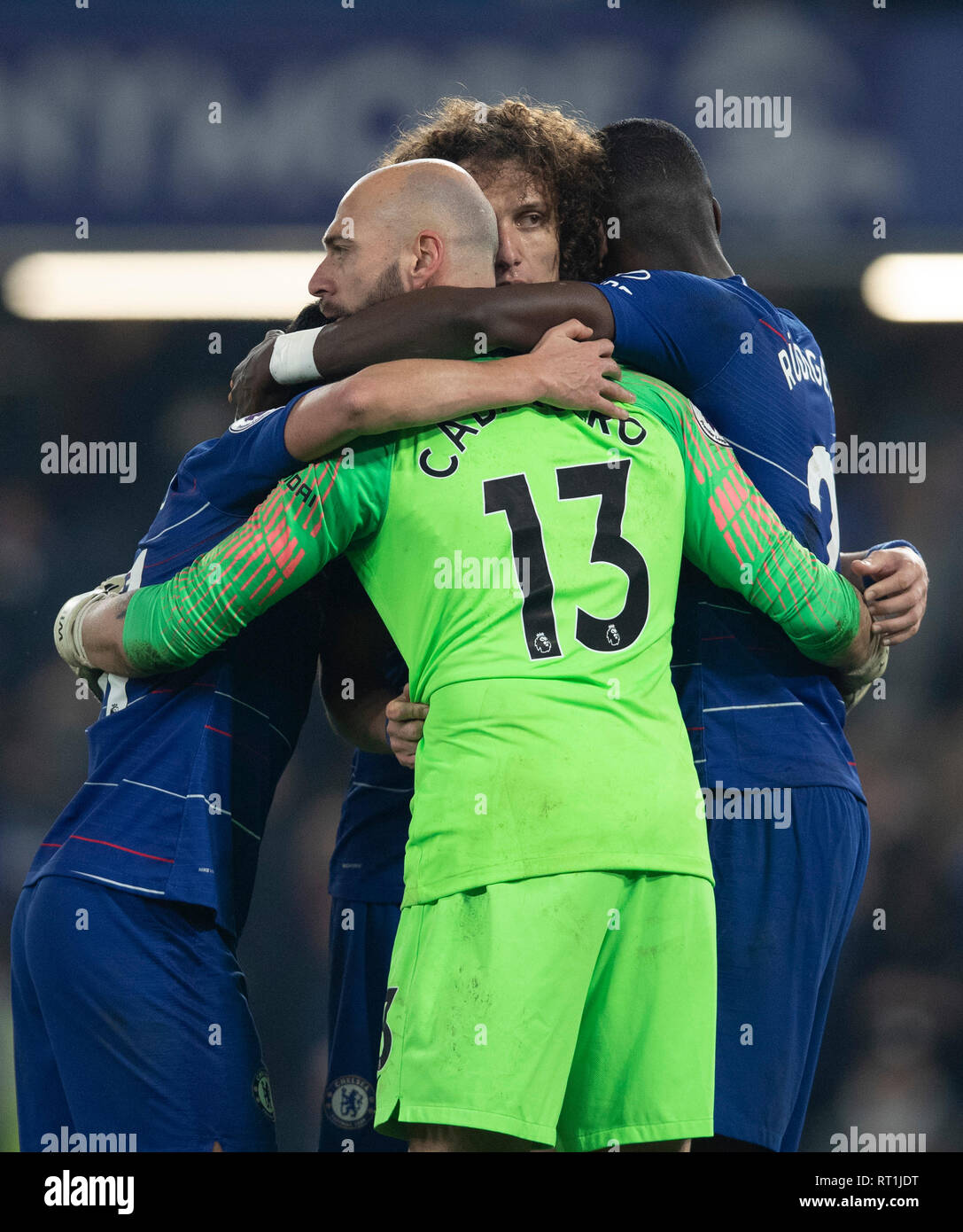 London, UK. 27th Feb, 2019. Chelsea's players celebrate after the Premier League match between Chelsea and Tottenham Hotspur at Stamford Bridge Stadium in London, Britain on Feb. 27, 2019. Chelsea won 2-0.  Editorial use only, license required for commercial use. No use in betting, games or a single club/league/player publications.’  Credit: Han Yan/Xinhua/Alamy Live News Stock Photo