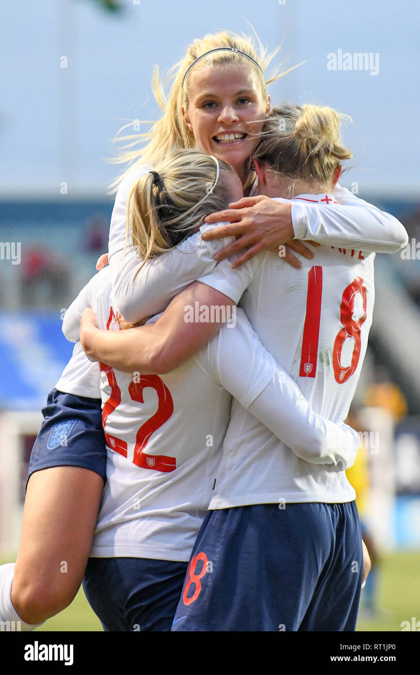 Rachel Daly Beth Mead and Ellen White of England womens football 2019 world cup friendly -  celebrate the game winning goal in the SheBelieves Cup featuring the England women's national football team versus the Brazil women's national football team. Professional women footballers on the pitch. Credit: Don Mennig/Alamy Live News Stock Photo