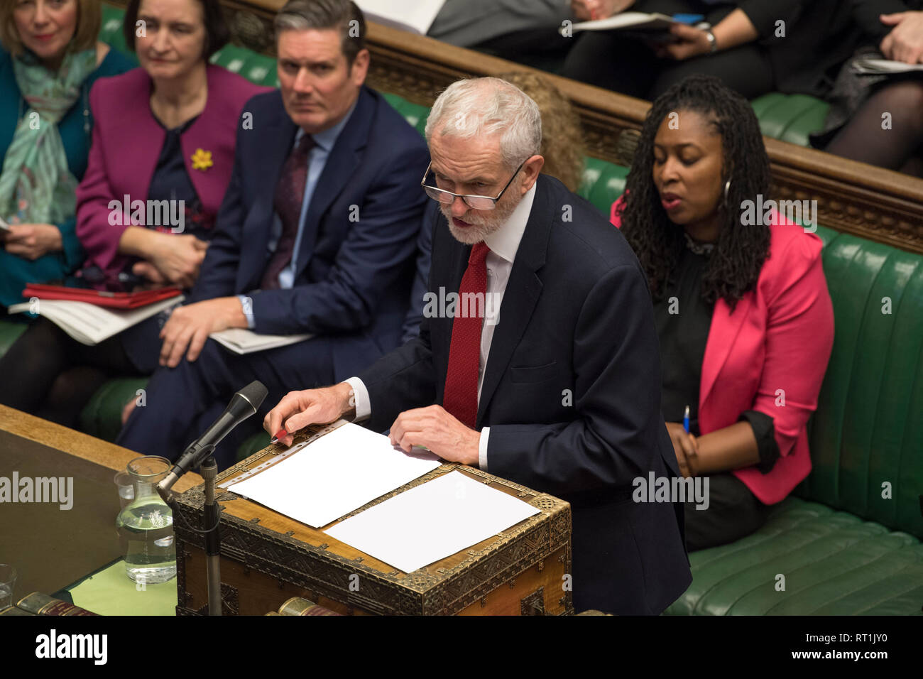 London, Britain. 27th Feb, 2019. British Labour Party leader Jeremy Corbyn attends the Prime Minister's Questions in the House of Commons in London, Britain, on Feb. 27, 2019. Theresa May promised on Tuesday that the members of parliament (MPs) would be given a choice to vote on no-deal Brexit or delayed departure from the European Union (EU) if her deal is rejected in a meaningful vote in mid-March. Credit: British Parliament/Mark Duffy/Xinhua/Alamy Live News Stock Photo