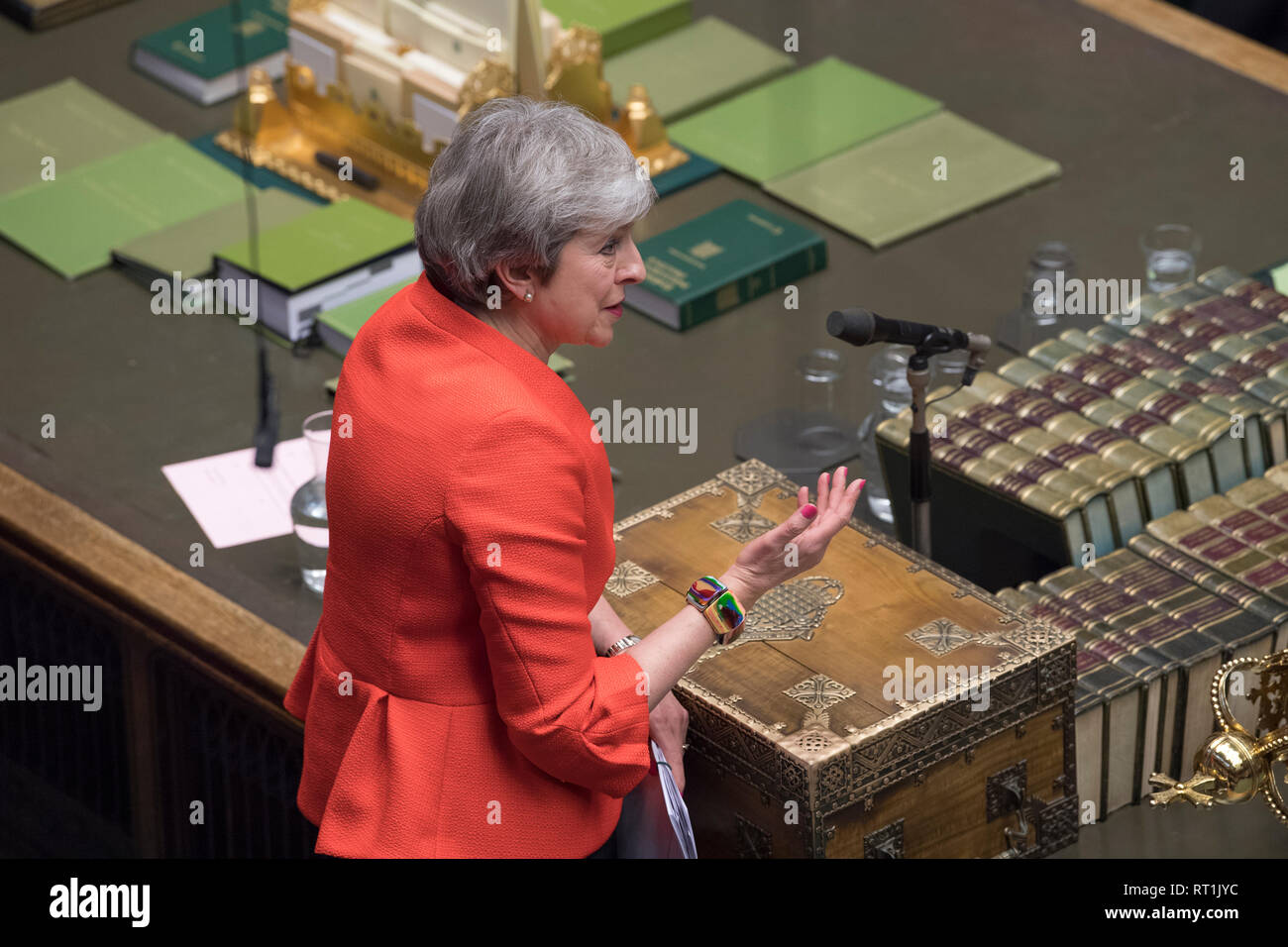 London, Britain. 27th Feb, 2019. British Prime Minister Theresa May attends the Prime Minister's Questions in the House of Commons in London, Britain, on Feb. 27, 2019. Theresa May promised on Tuesday that the members of parliament (MPs) would be given a choice to vote on no-deal Brexit or delayed departure from the European Union (EU) if her deal is rejected in a meaningful vote in mid-March. Credit: British Parliament/Mark Duffy/Xinhua/Alamy Live News Stock Photo