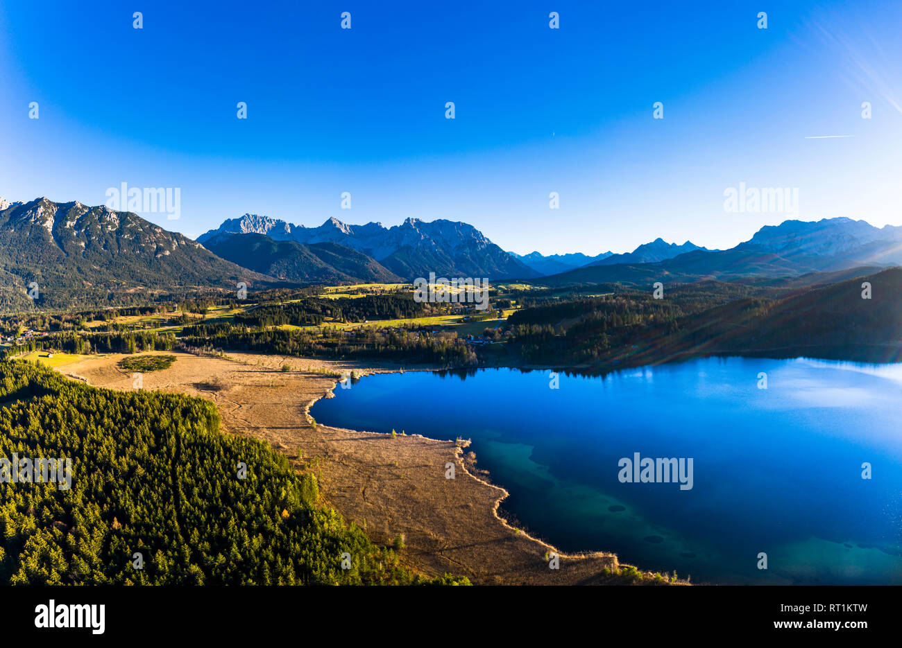 Germany, Bavaria, East Allgaeu, Region Garmisch-Partenkirchen, Kruen, Aerial view of Lake Barmsee and Grubsee Stock Photo