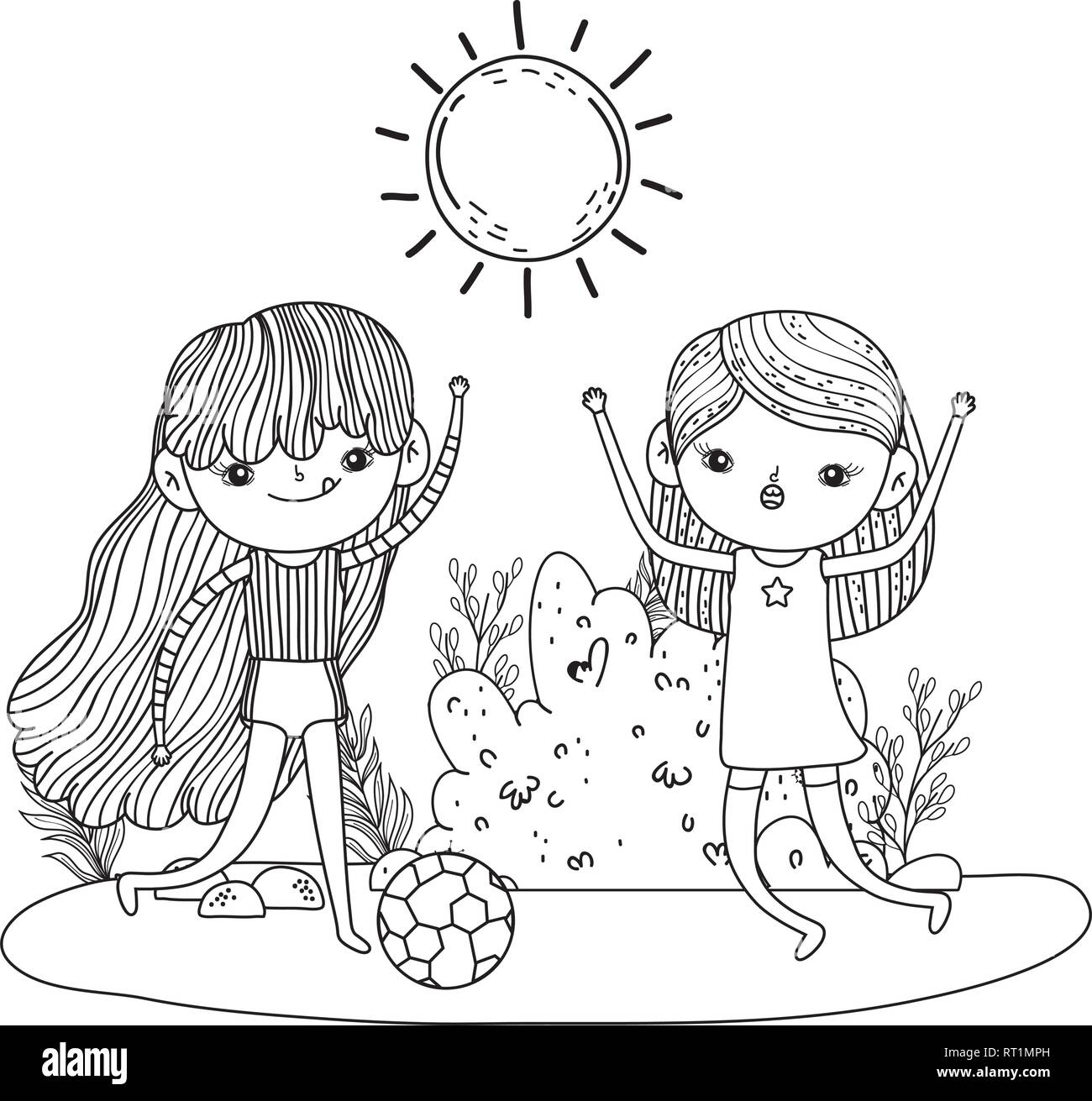 cute little girls playing soccer in the landscape Stock Vector Image