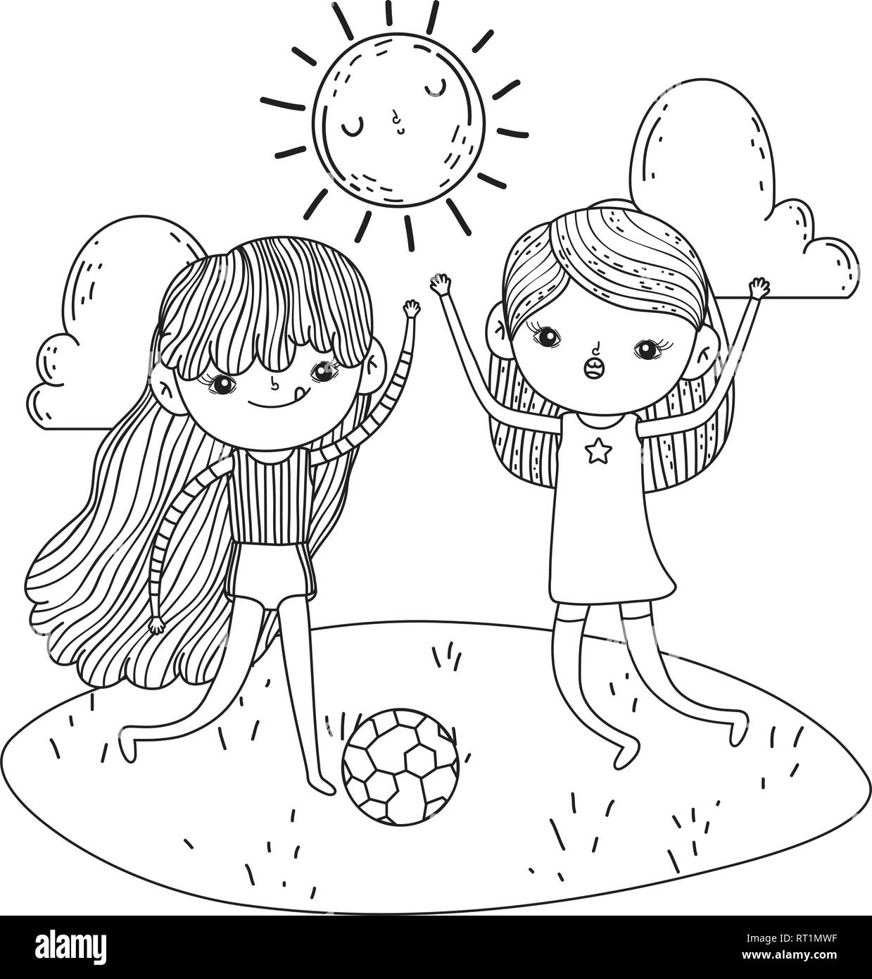 cute little girls playing soccer in the landscape Stock Vector Image
