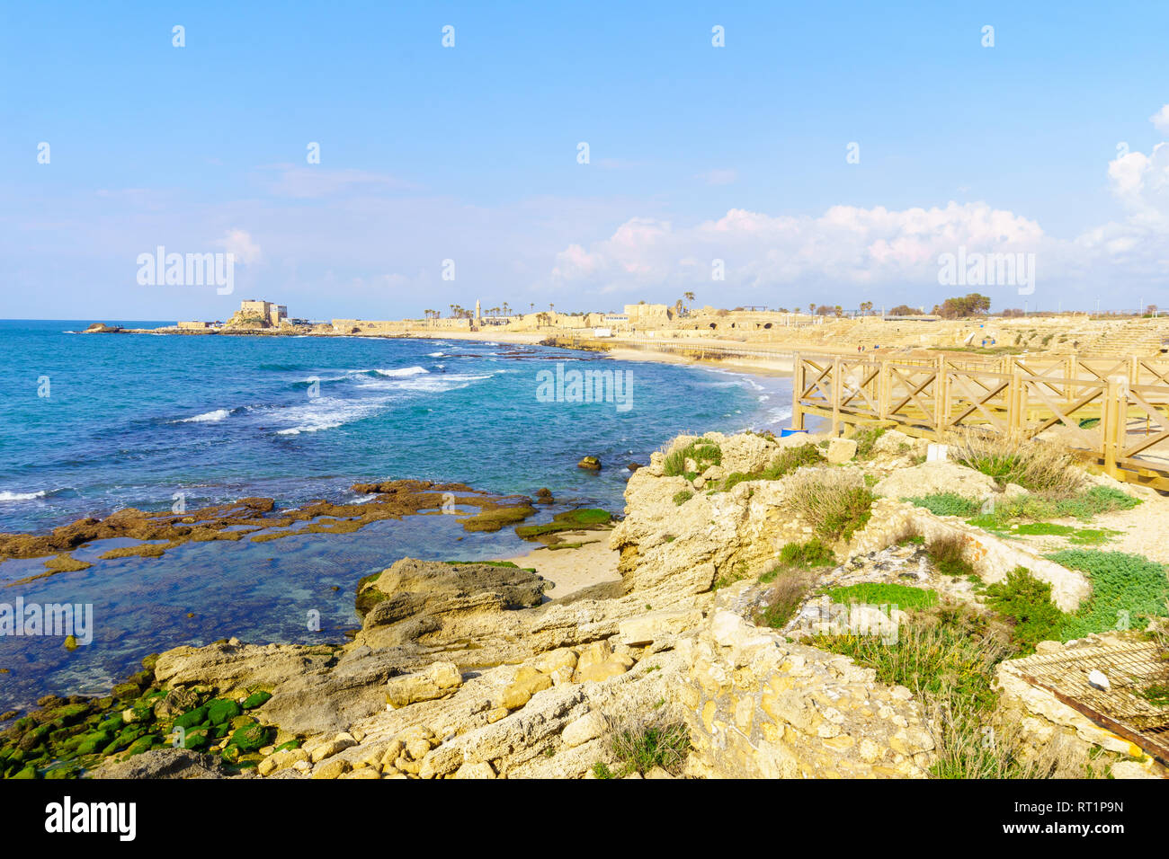 View of the beach and the old port in Caesarea National Park, Northern Israel Stock Photo