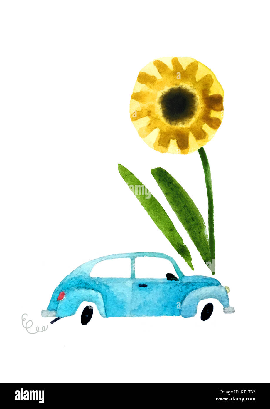 Watercolor car with hand drawn flower isolated on white background for invitation, postcard, banner, pattern. Stock Photo