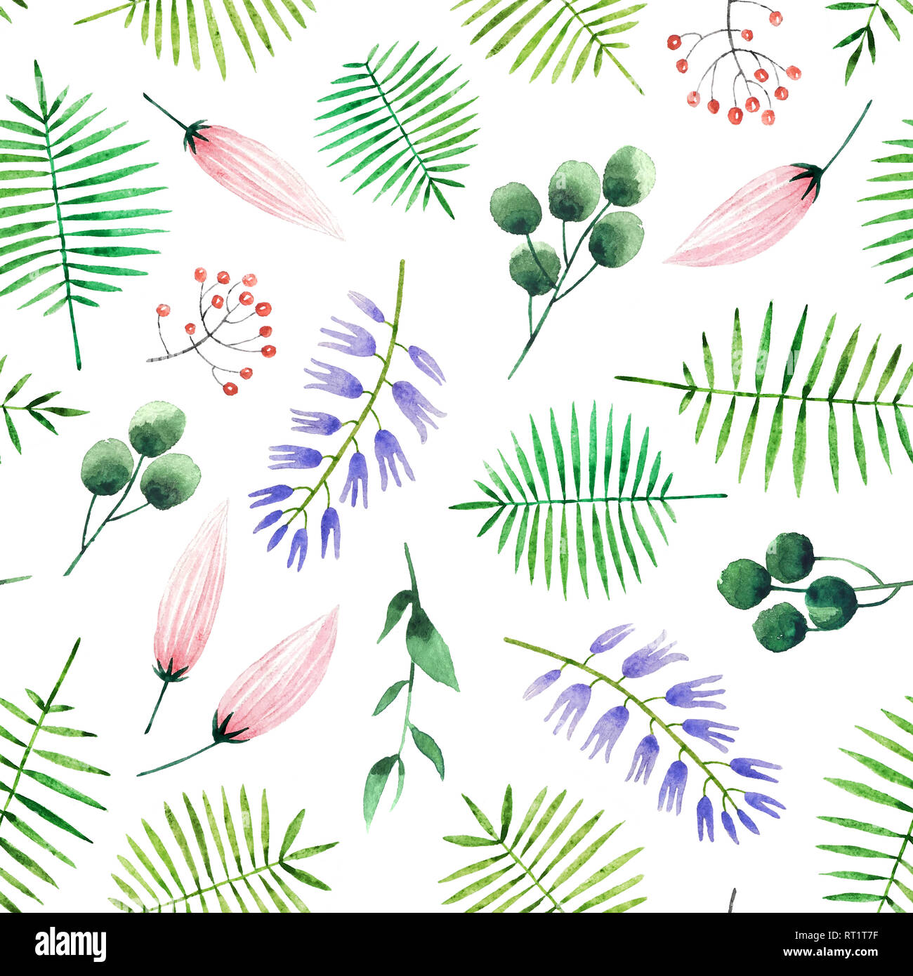 Hand painted watercolor seamless pattern with flowers and leaves ...