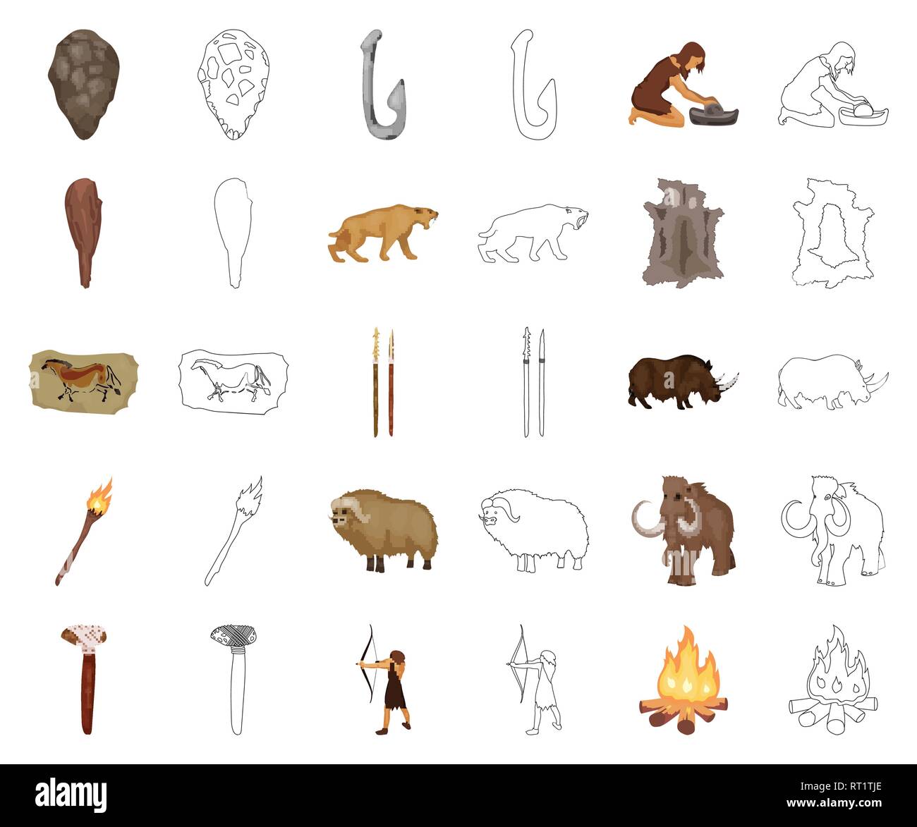 age,ancient,animal,antiquity,arrow,axe,beginning,bone,bow,campfire,cartoon,outline,caveman,cavewoman,collection,culture,design,development,epoch,fauna,fish,grindstone,hide,hook,humanity,icon,illustration,isolated,life,logo,man,muskox,painting,people,period,rhinoceros,saber-toothed,set,sign,spears,stone,survival,symbol,tiger,tool,torch,truncheon,vector,venus,web,woolly mammoth Vector Vectors , Stock Vector
