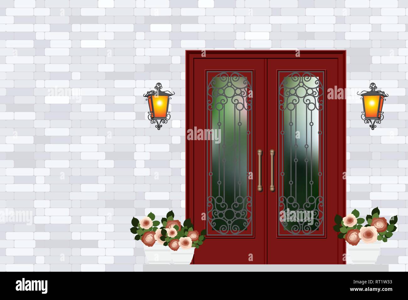 Red Vintage Front Door House Entrance Grey Brick Wall Stock